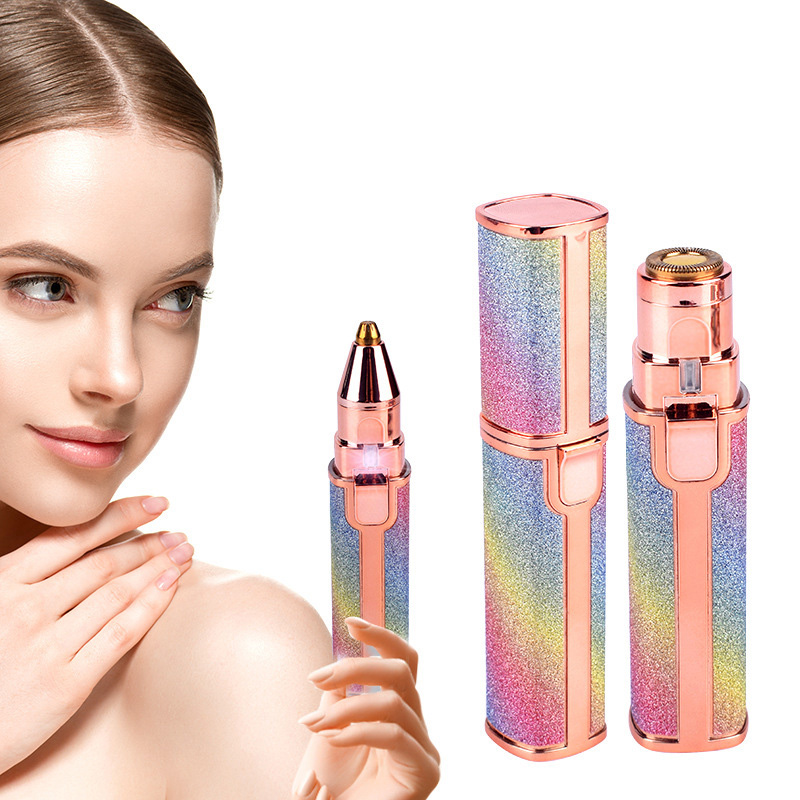 2-in-1 electric eyebrow trimmer and facial hair remover in rose gold with rainbow glitter design, USB rechargeable with LED light