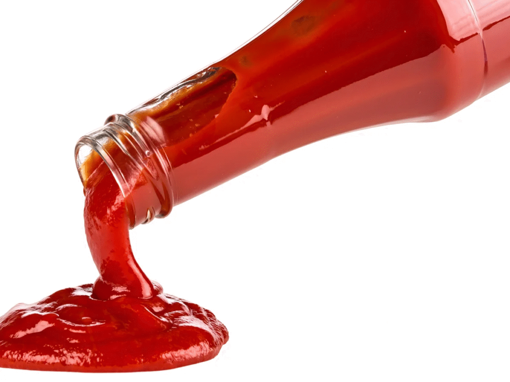 A close-up of ketchup dripping from a bottle onto a plate, emphasizing its vibrant red color and glossy texture.
