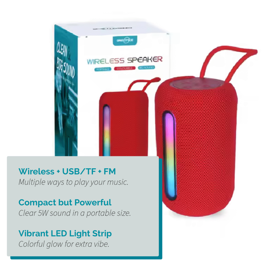 Red wireless portable Bluetooth speaker with packaging and feature highlights.