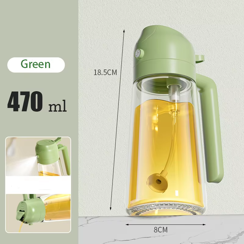 2-in-1 olive oil dispenser and sprayer with 470ml glass bottle shown with clear oil level, ergonomic handle, and clog-free nozzle – perfect for air fryer, salad, and healthy cooking in UAE kitchens.