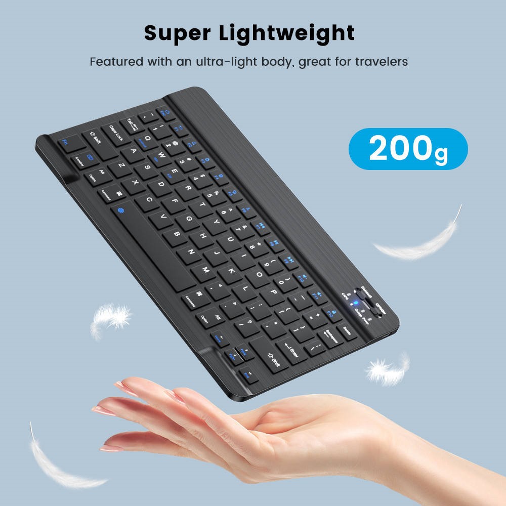 Ultra-light Bluetooth keyboard hovering above a hand, weighing only 200g, ideal for travel
