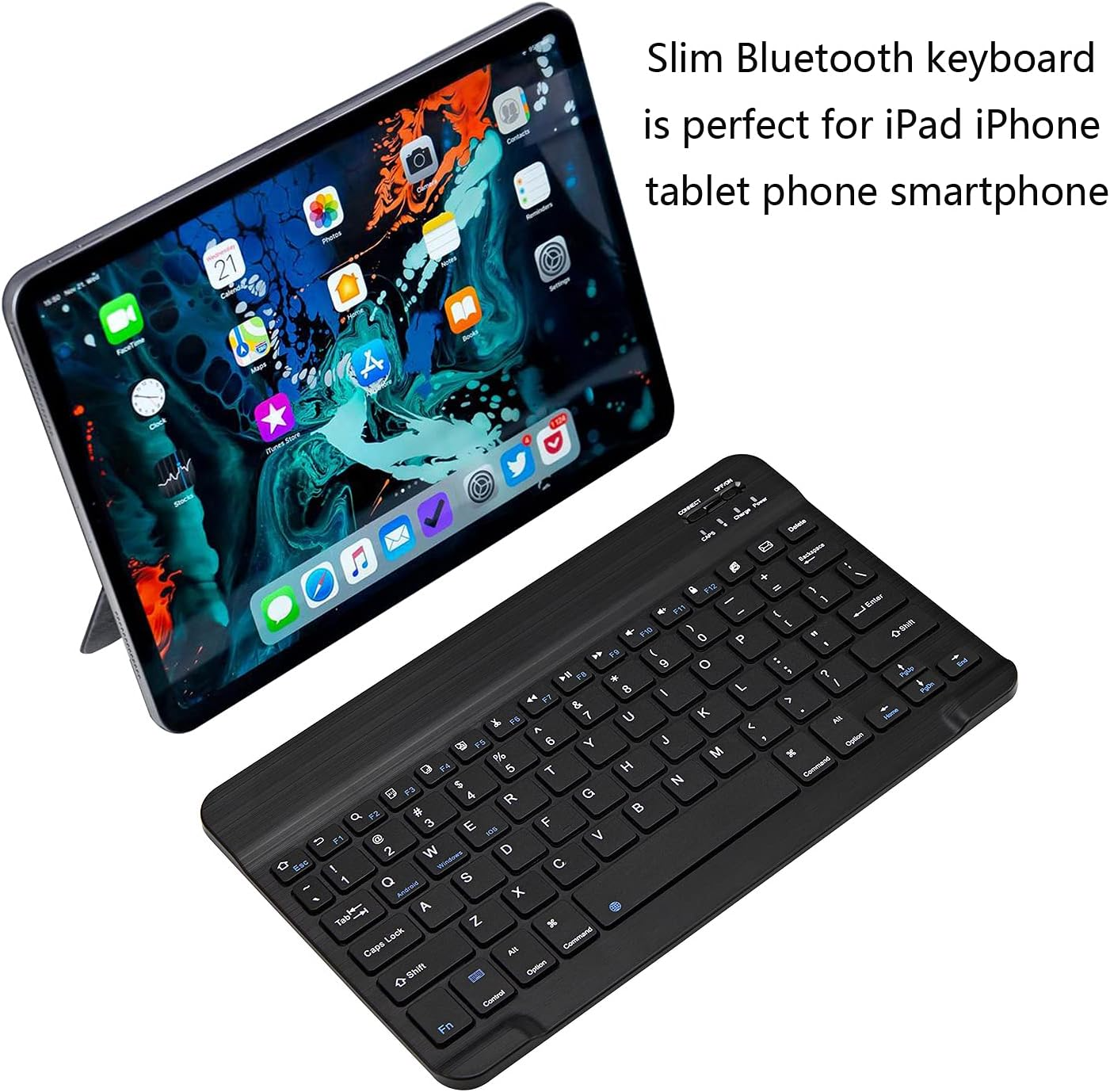 Ultra-slim Bluetooth keyboard paired with iPad for portable wireless typing
