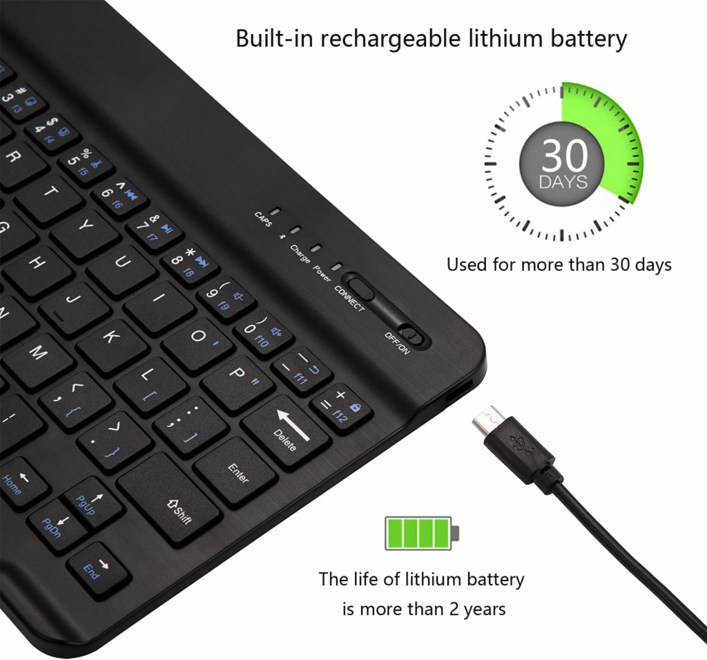 Close-up of Bluetooth keyboard with built-in rechargeable lithium battery, USB charging cable shown