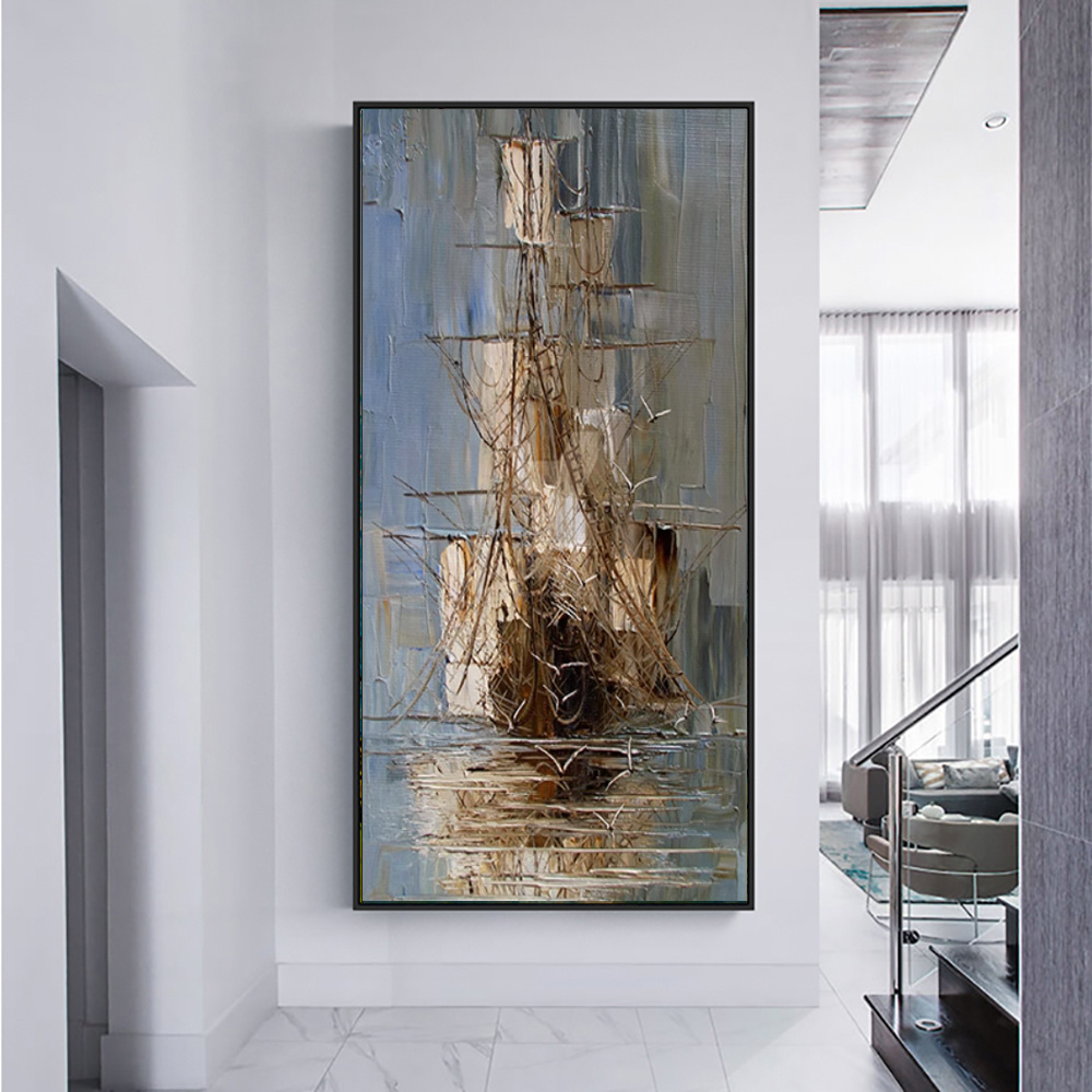 Vintage Sailing Ship Hand-Painted Canvas Wall Art – Unframed Nautical Decor for Living Room & Bedroom